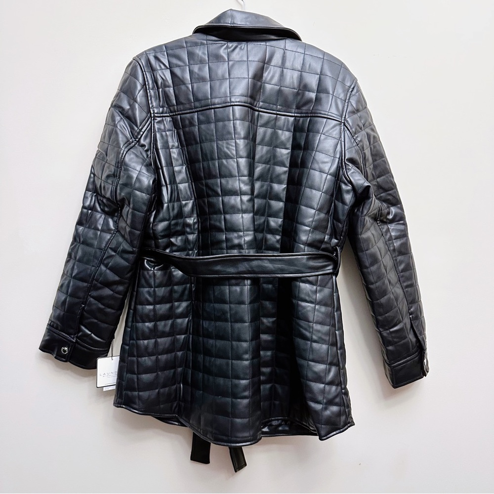 Laundry by Shelli Segal Quilted Faux Leather Tie Waist Button Up Jacket Coat - Picture 7 of 7